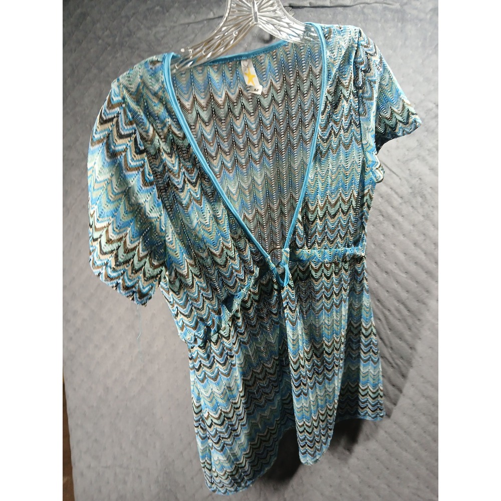 Coast To Coast Blue Chevron Crochet Knit Swim Cover Up Tunic Ring Front Womens M